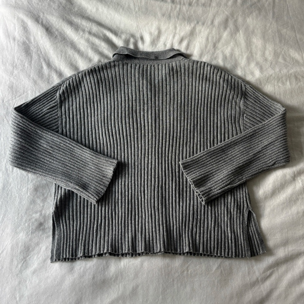 Grey Ribbed Collared Cardigan - Picture 6 of 8